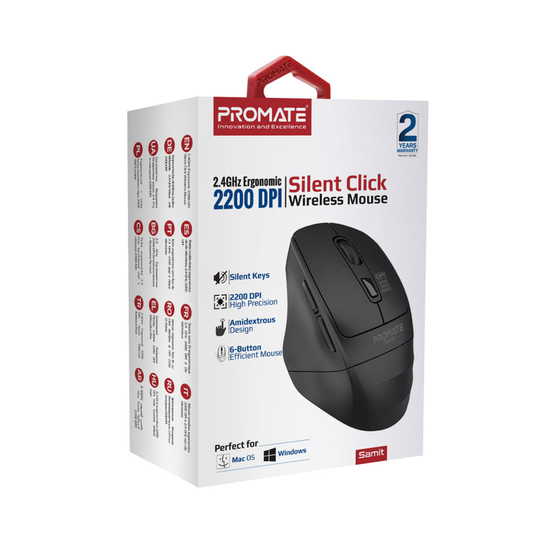 Promate Technologies - 2.4GHz Ergonomic 2200 DPI Silent Click Wireless Mouse