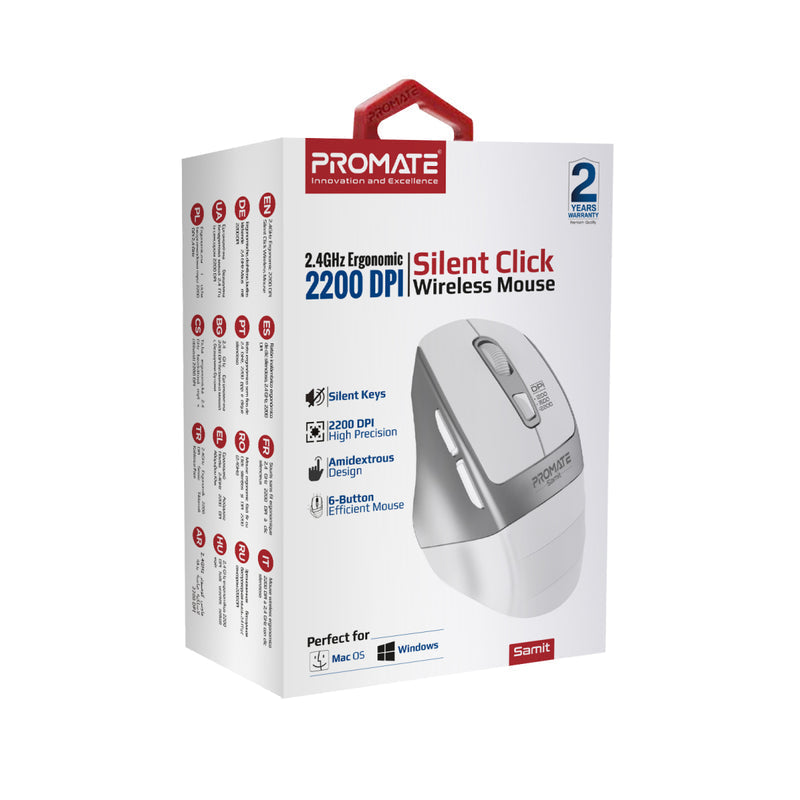 Promate Technologies - 2.4GHz Ergonomic 2200 DPI Silent Click Wireless Mouse