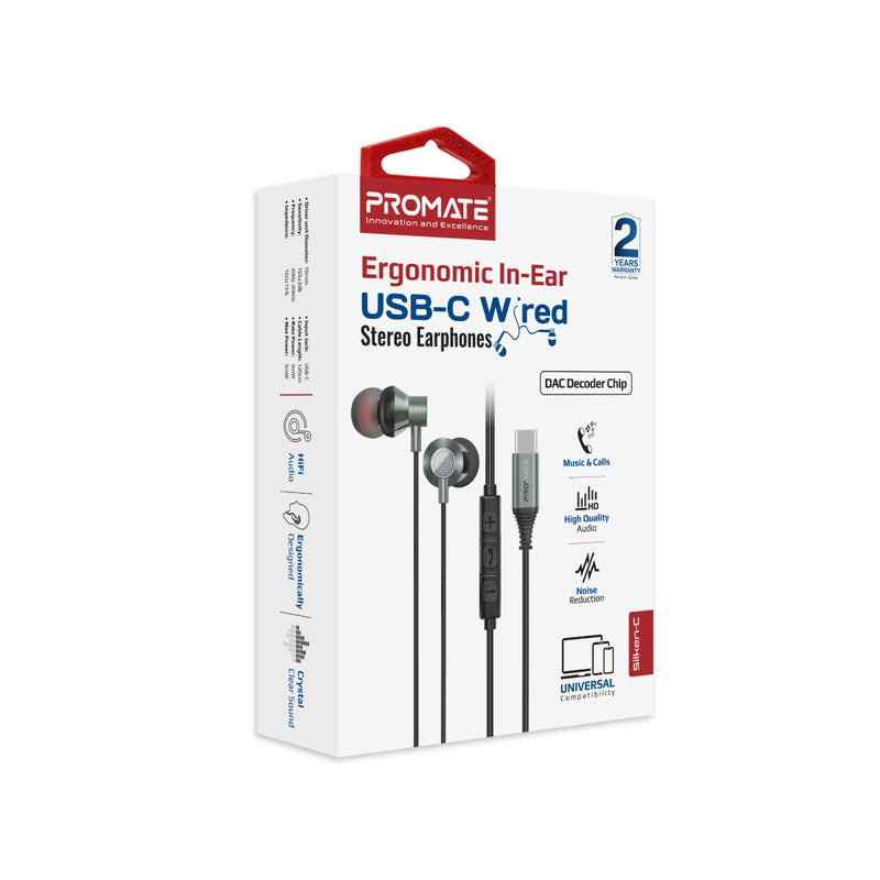 Promate Technologies - Ergonomic In-Ear USB-C Wired Stereo Earphones