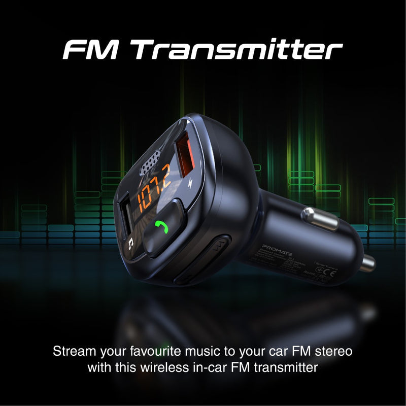 Promate Technologies - FM Transmitter Kit with Handsfree & Quick Charge 3.0