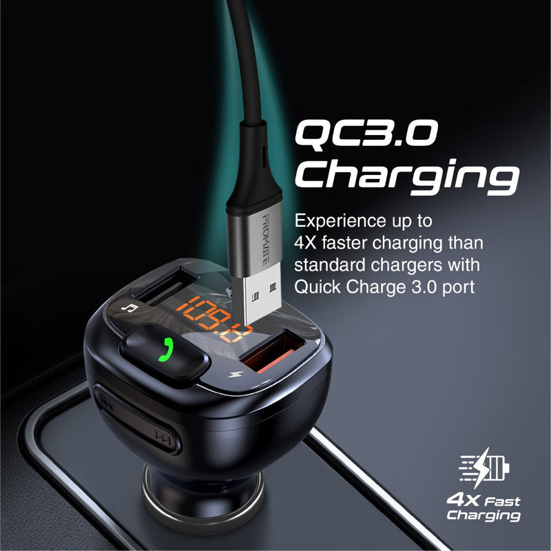 Promate Technologies - FM Transmitter Kit with Handsfree & Quick Charge 3.0