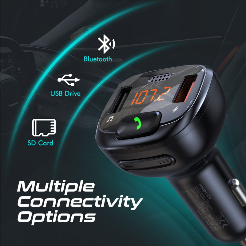 Promate Technologies - FM Transmitter Kit with Handsfree & Quick Charge 3.0