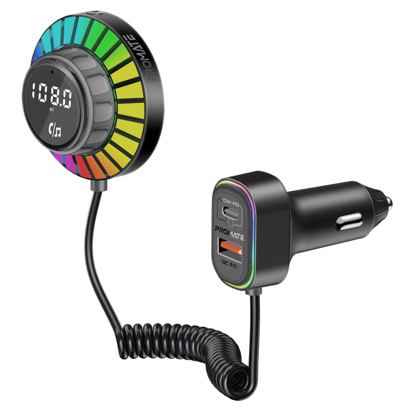 Promate Technologies - RGB FM Transmitter Kit with Handsfree, 30W Power Delivery & Quick Charge 3.0