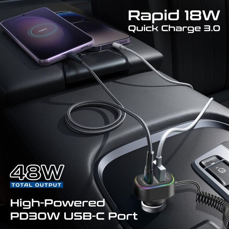 Promate Technologies - RGB FM Transmitter Kit with Handsfree, 30W Power Delivery & Quick Charge 3.0