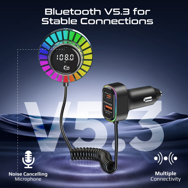 Promate Technologies - RGB FM Transmitter Kit with Handsfree, 30W Power Delivery & Quick Charge 3.0