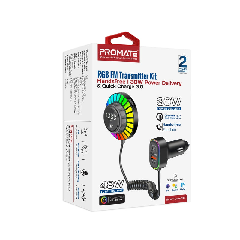 Promate Technologies - RGB FM Transmitter Kit with Handsfree, 30W Power Delivery & Quick Charge 3.0