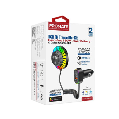 Promate Technologies - RGB FM Transmitter Kit with Handsfree, 30W Power Delivery & Quick Charge 3.0
