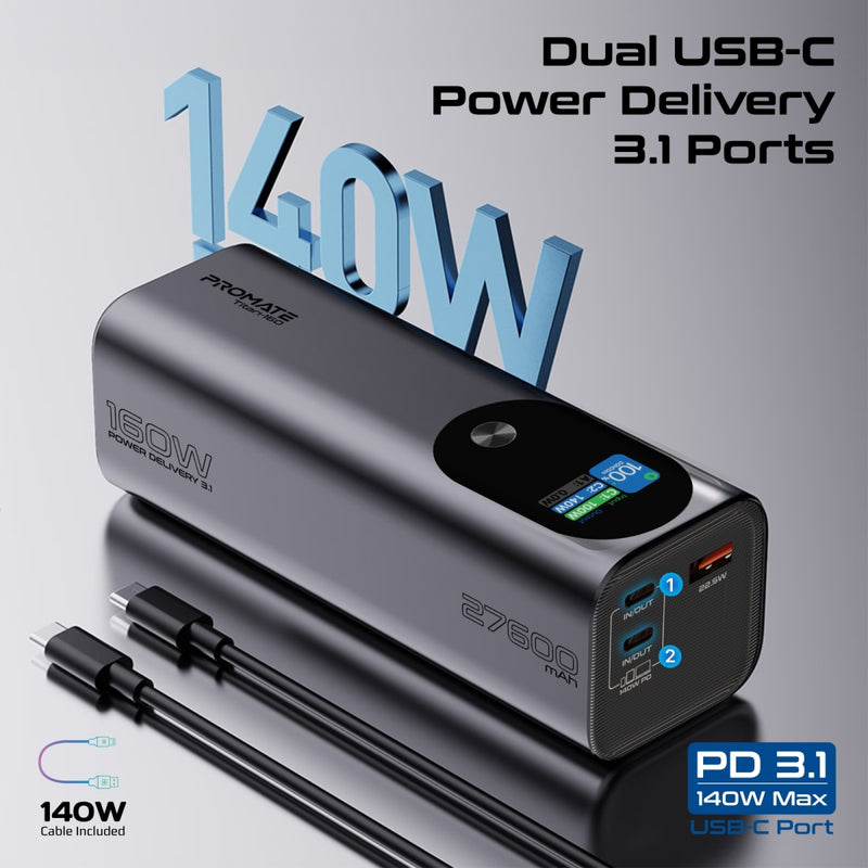 Promate Technologies - Ultra-Compact 160W Multi-Port PD 3.1 Power Bank with TFT LCD Screen