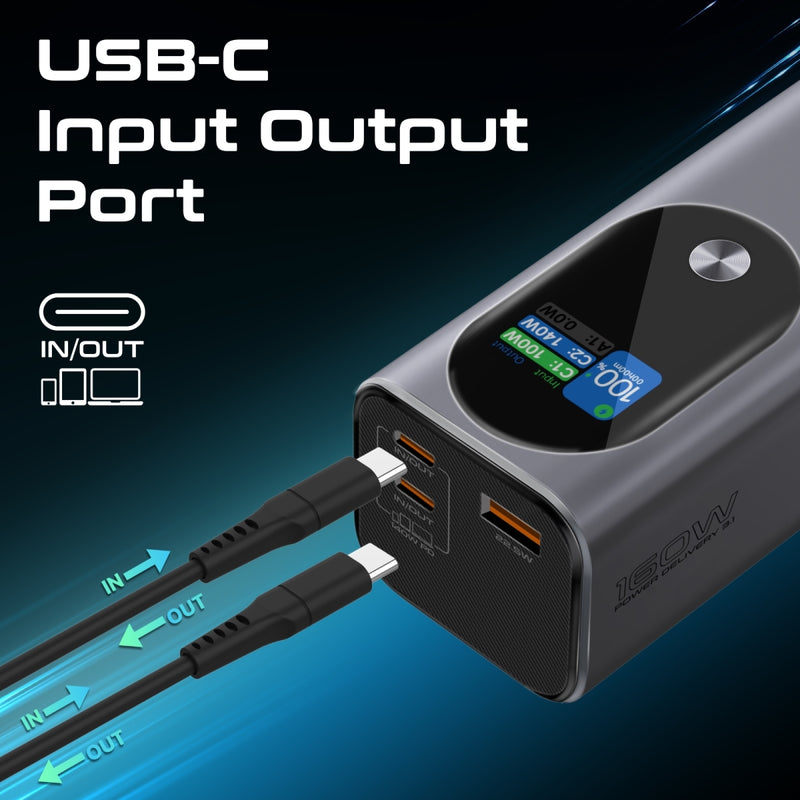 Promate Technologies - Ultra-Compact 160W Multi-Port PD 3.1 Power Bank with TFT LCD Screen