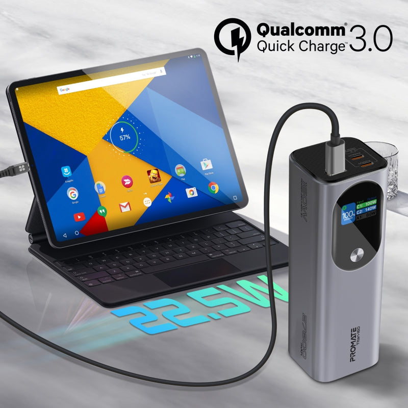 Promate Technologies - Ultra-Compact 160W Multi-Port PD 3.1 Power Bank with TFT LCD Screen