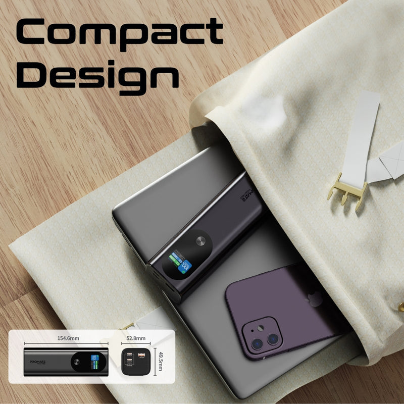 Promate Technologies - Ultra-Compact 160W Multi-Port PD 3.1 Power Bank with TFT LCD Screen