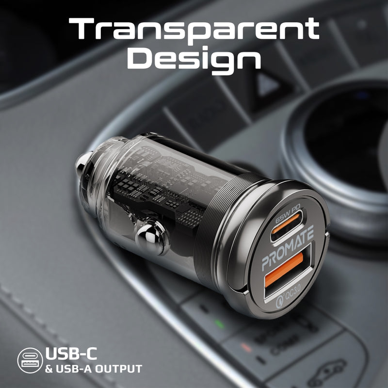 Promate Technologies - 65W RapidCharge™ Transparent Mini Car Charger with Power Delivery & QC