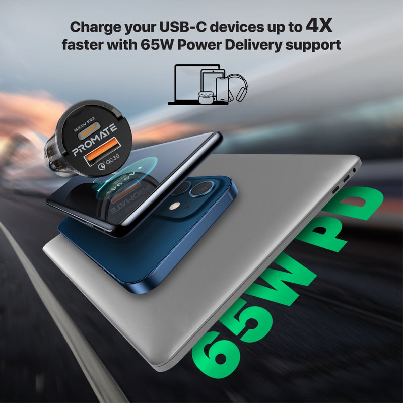 Promate Technologies - 65W RapidCharge™ Transparent Mini Car Charger with Power Delivery & QC