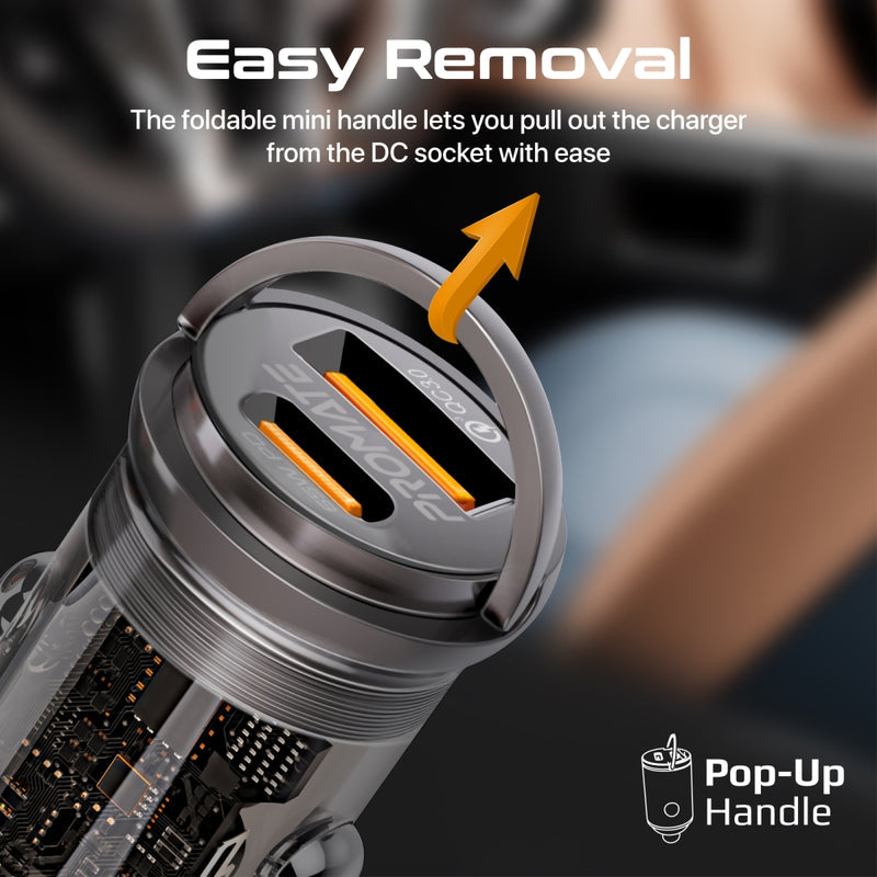 Promate Technologies - 65W RapidCharge™ Transparent Mini Car Charger with Power Delivery & QC