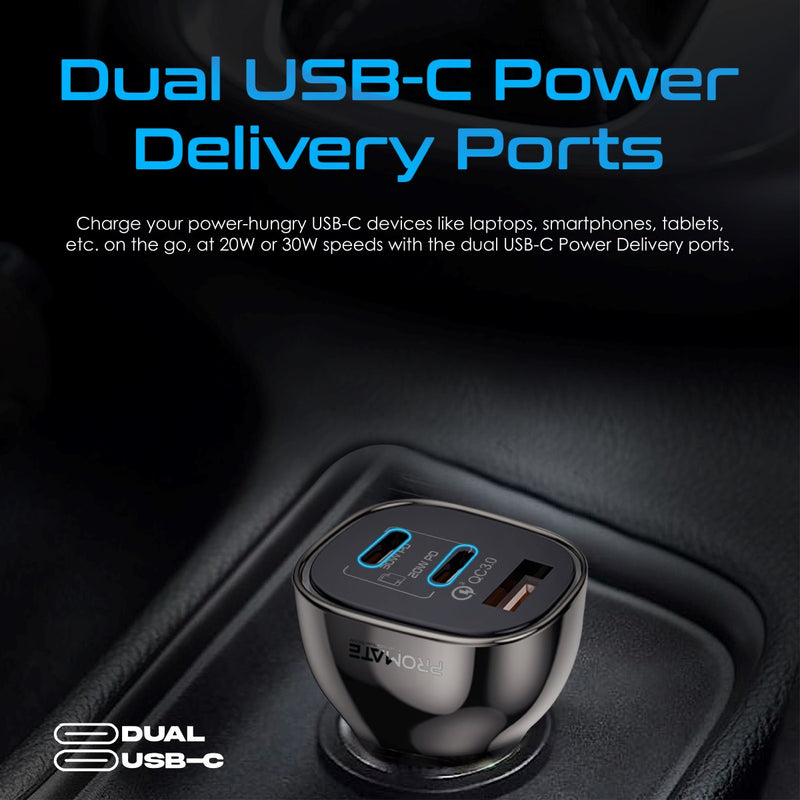 Promate Technologies - 80W Multi-Port Transparent Car Charger with QC 3.0 & Power Delivery