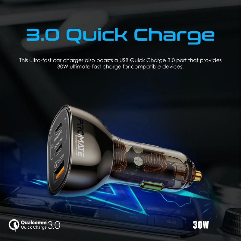 Promate Technologies - 80W Multi-Port Transparent Car Charger with QC 3.0 & Power Delivery