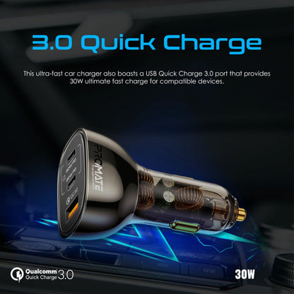 Promate Technologies - 80W Multi-Port Transparent Car Charger with QC 3.0 & Power Delivery