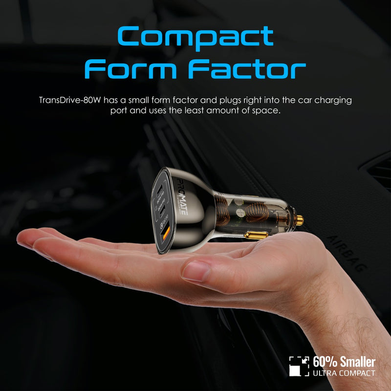 Promate Technologies - 80W Multi-Port Transparent Car Charger with QC 3.0 & Power Delivery