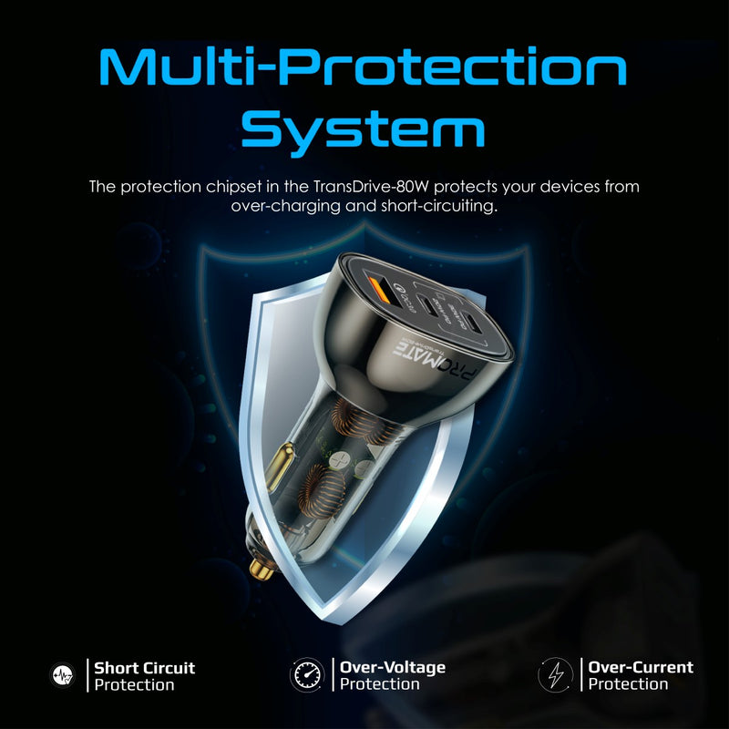 Promate Technologies - 80W Multi-Port Transparent Car Charger with QC 3.0 & Power Delivery