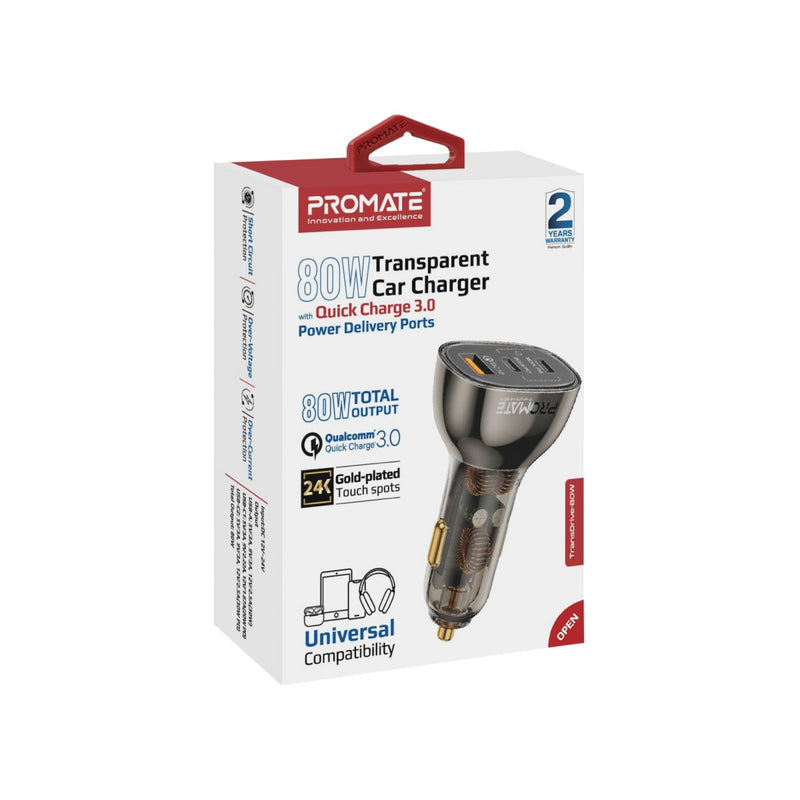Promate Technologies - 80W Multi-Port Transparent Car Charger with QC 3.0 & Power Delivery