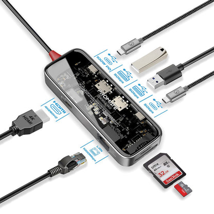 Promate Technologies - 8-in 1 Transparent Ultra-Fast Multiport USB-C Hub with 100W Power Deli