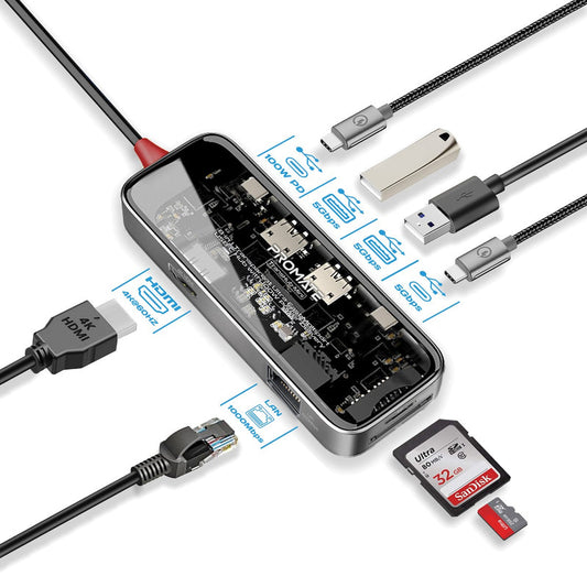 Promate Technologies - 8-in 1 Transparent Ultra-Fast Multiport USB-C Hub with 100W Power Deli