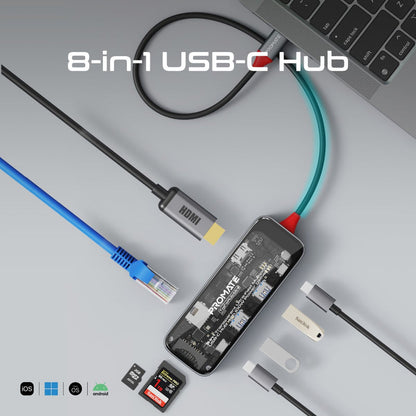 Promate Technologies - 8-in 1 Transparent Ultra-Fast Multiport USB-C Hub with 100W Power Deli