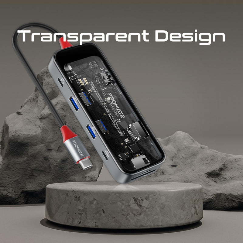 Promate Technologies - 8-in 1 Transparent Ultra-Fast Multiport USB-C Hub with 100W Power Deli