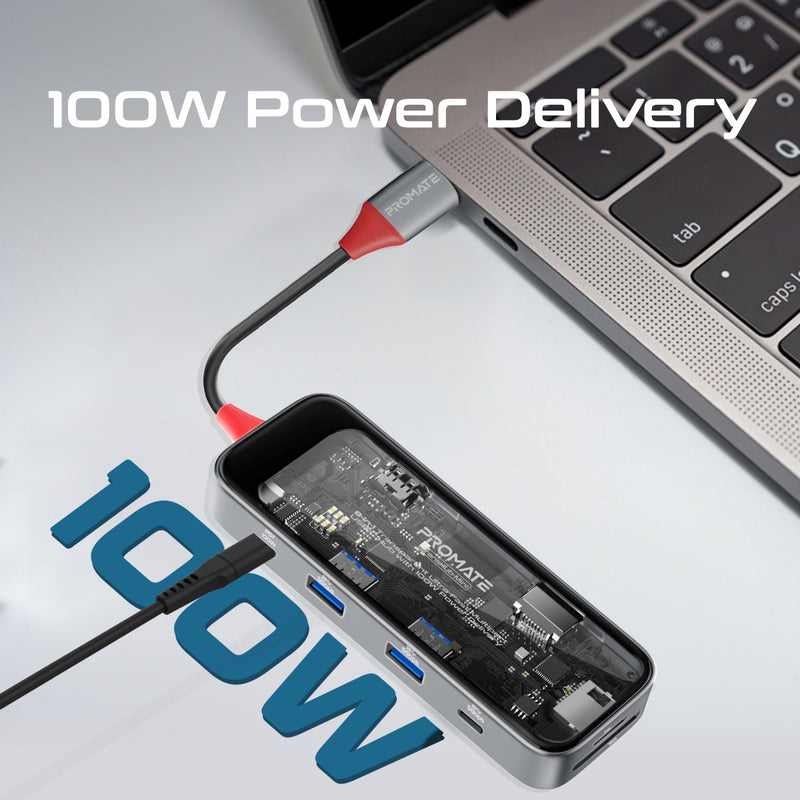 Promate Technologies - 8-in 1 Transparent Ultra-Fast Multiport USB-C Hub with 100W Power Deli