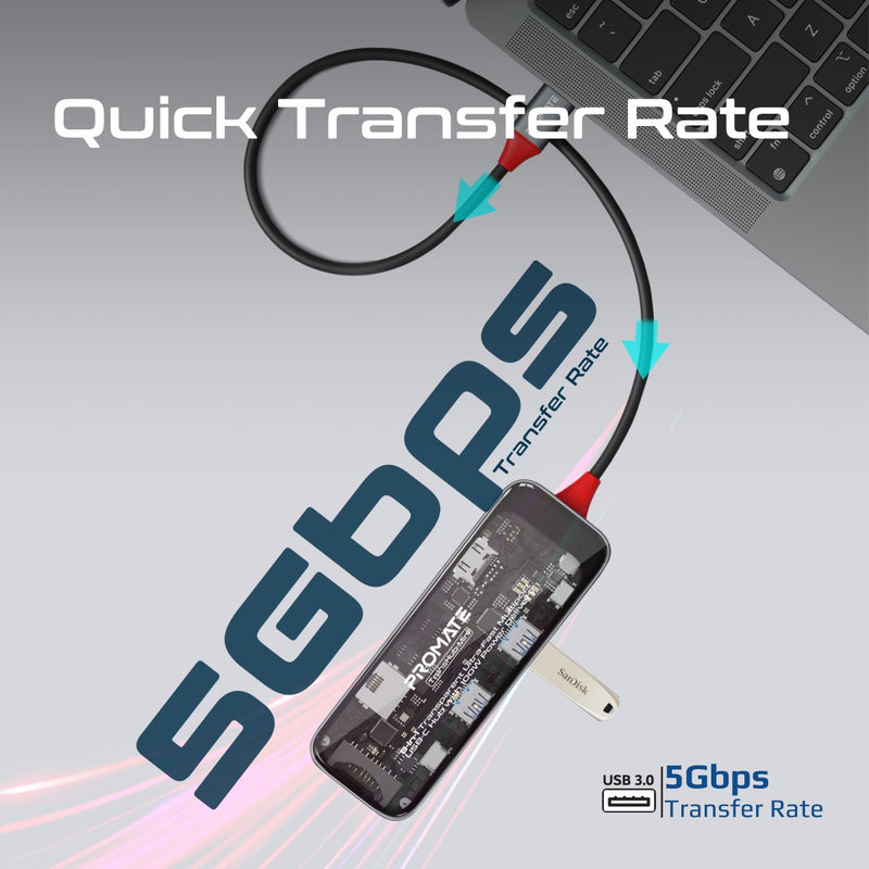 Promate Technologies - 8-in 1 Transparent Ultra-Fast Multiport USB-C Hub with 100W Power Deli