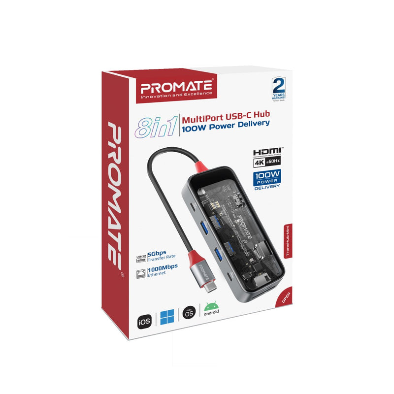 Promate Technologies - 8-in 1 Transparent Ultra-Fast Multiport USB-C Hub with 100W Power Deli
