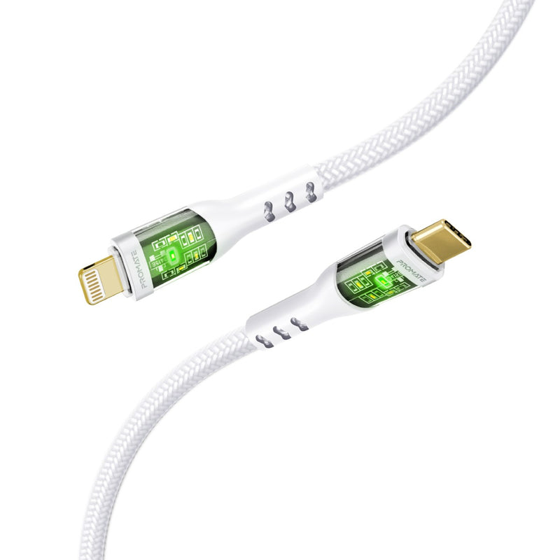Promate Technologies - 27W Power Delivery USB-C to Lightning Cable with Transparent Shells