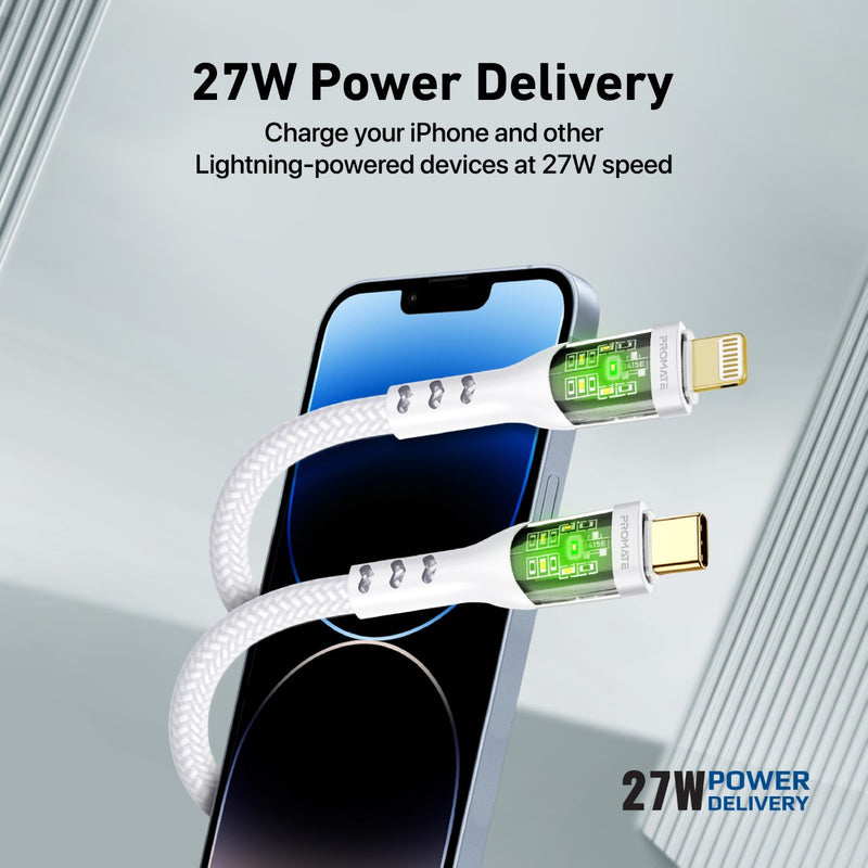 Promate Technologies - 27W Power Delivery USB-C to Lightning Cable with Transparent Shells