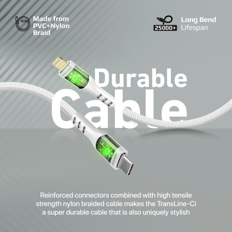 Promate Technologies - 27W Power Delivery USB-C to Lightning Cable with Transparent Shells