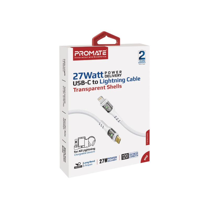 Promate Technologies - 27W Power Delivery USB-C to Lightning Cable with Transparent Shells