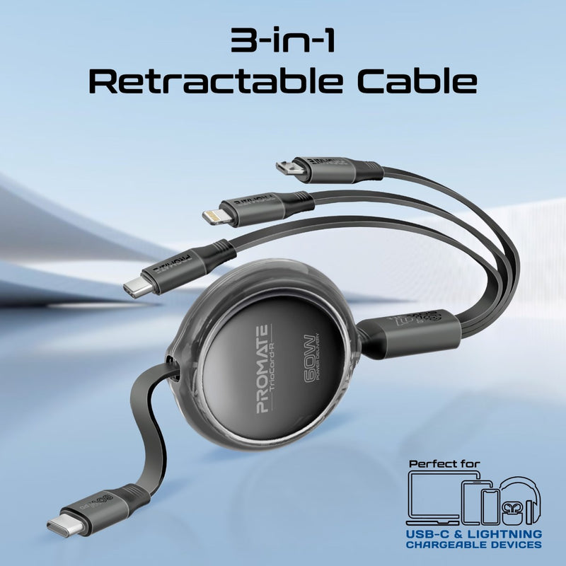 Promate Technologies - 3-in-1 Ultra-Fast Retractable Multi-Connector Cable