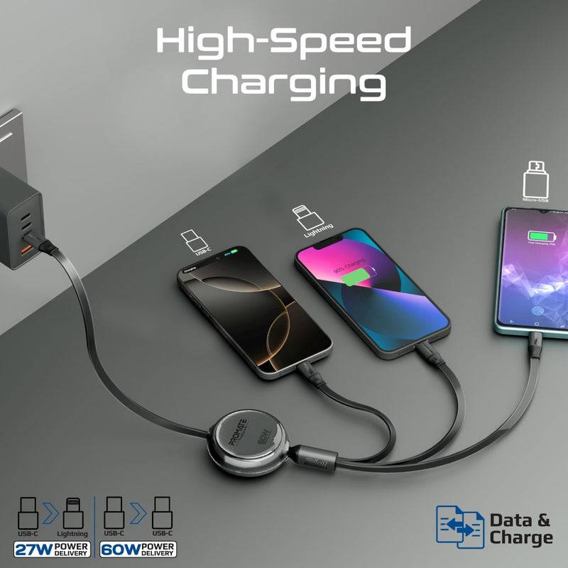 Promate Technologies - 3-in-1 Ultra-Fast Retractable Multi-Connector Cable