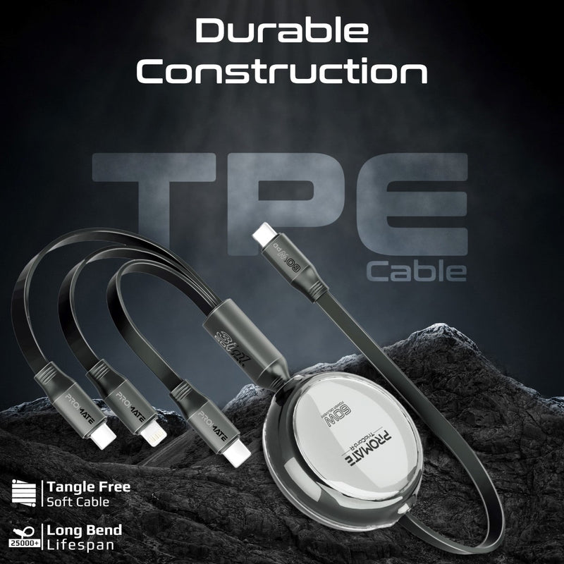 Promate Technologies - 3-in-1 Ultra-Fast Retractable Multi-Connector Cable