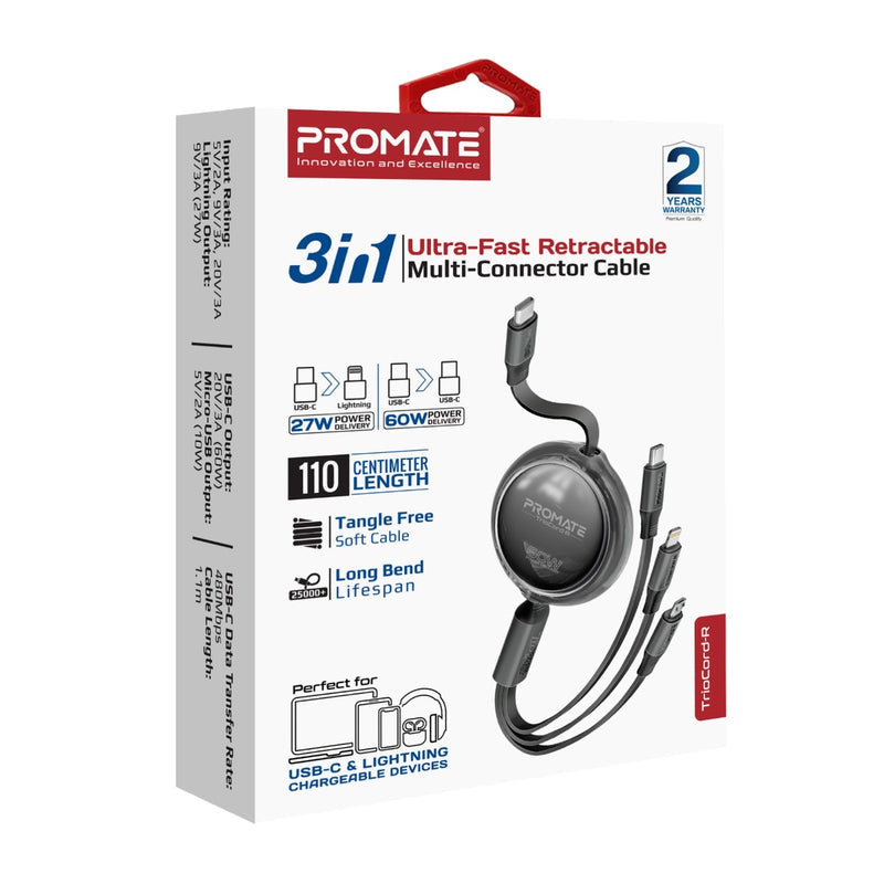 Promate Technologies - 3-in-1 Ultra-Fast Retractable Multi-Connector Cable