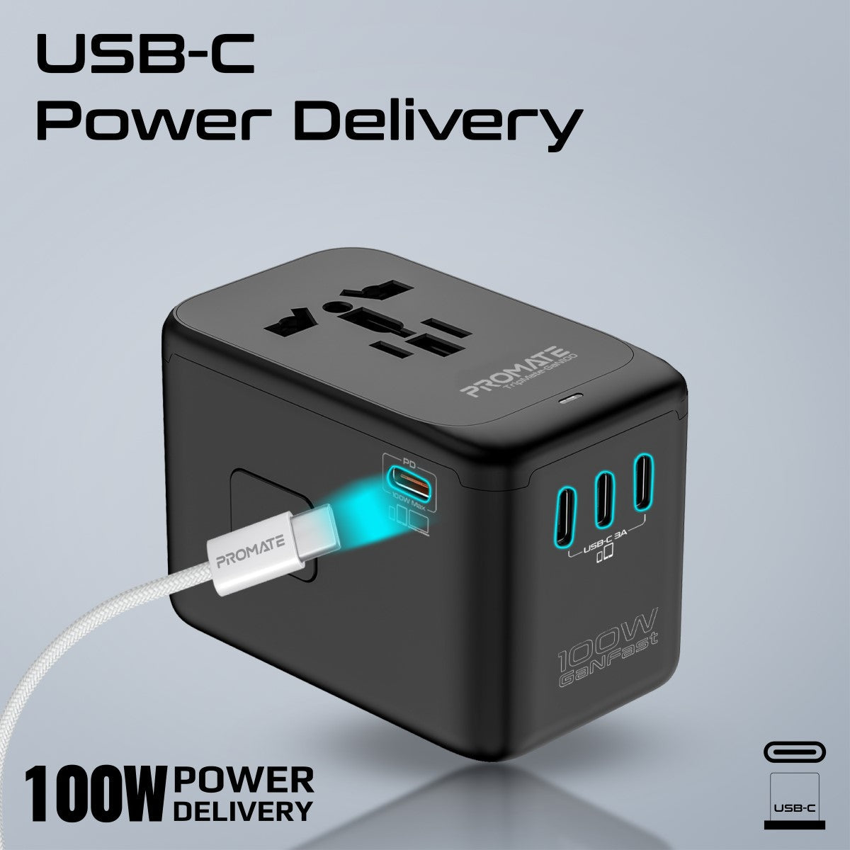100W Power Delivery GaNFast™ Multi-Port Travel Adapter