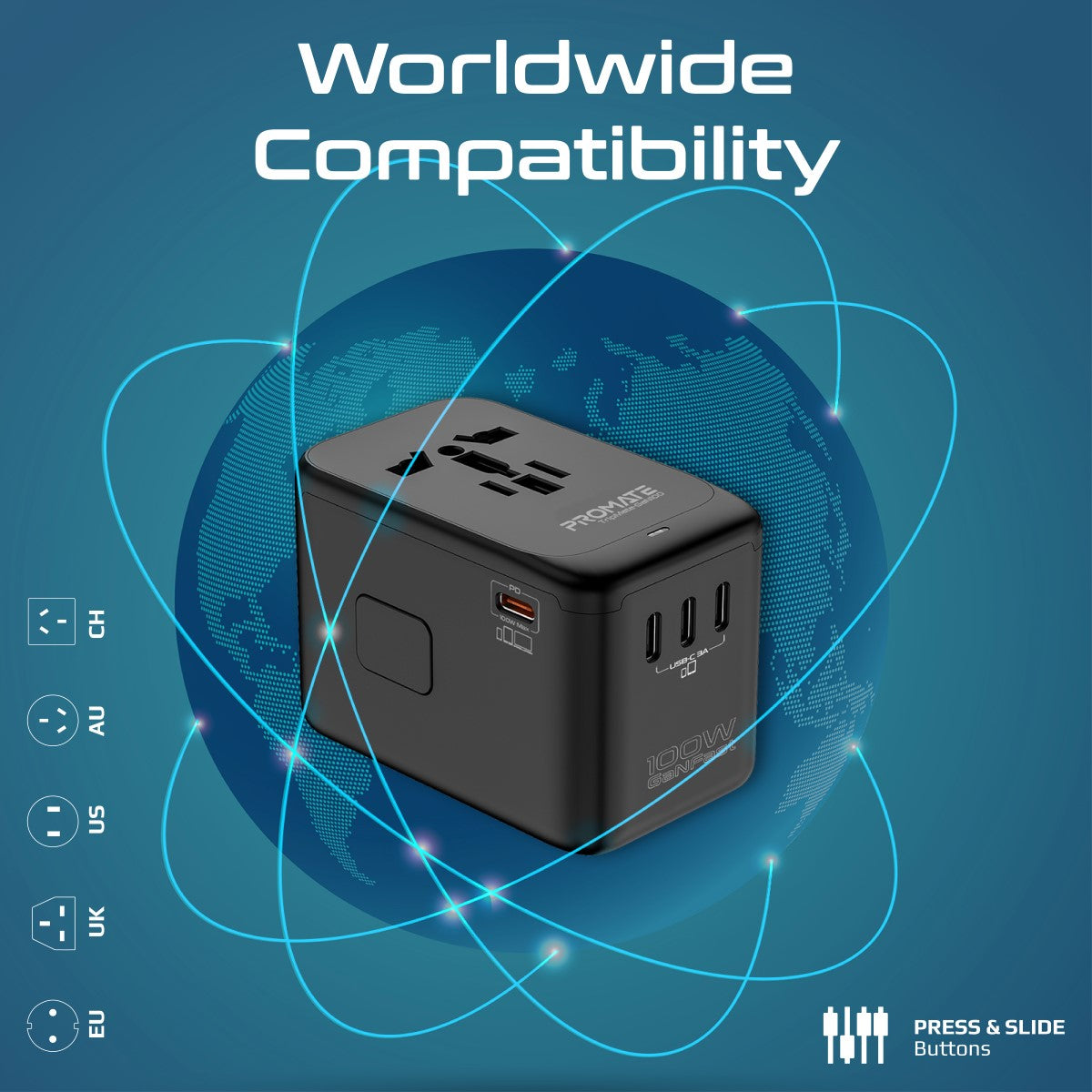 100W Power Delivery GaNFast™ Multi-Port Travel Adapter