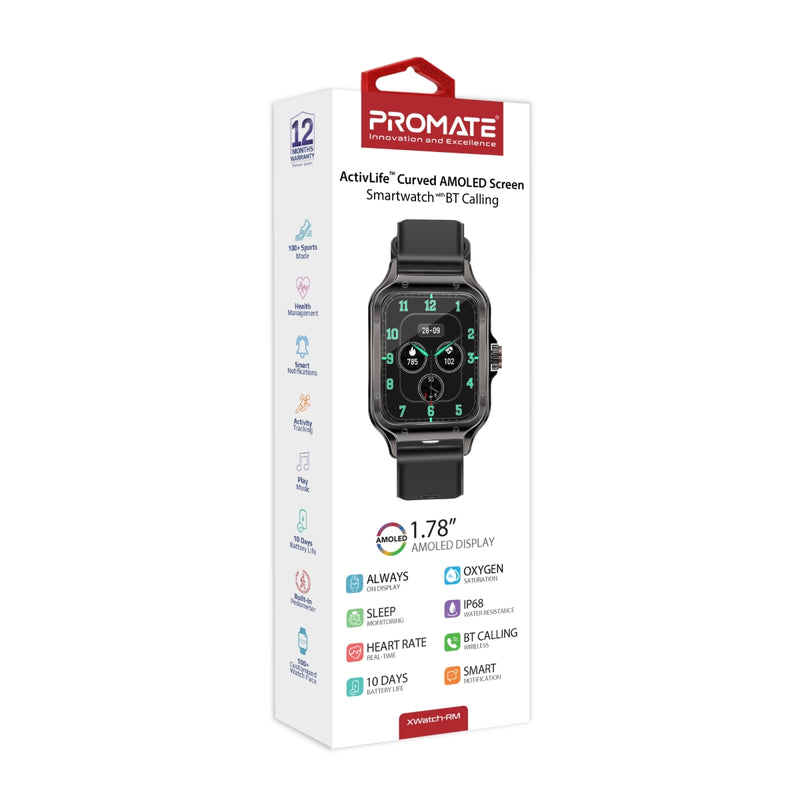 Promate Technologies - ActivLife™ Curved AMOLED Screen Smartwatch with BT Calling